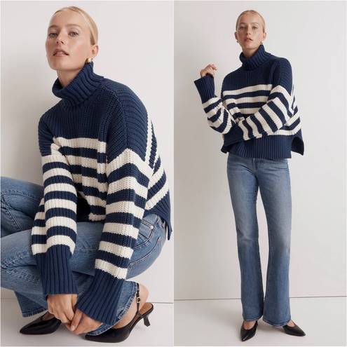 Madewell Sweater Wide Rib Turtleneck Chunky Knit Classic Indigo Stripe S NWT New