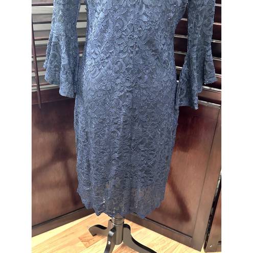 Tiana B . Blue Lace Sequin Midi Dress Sheer Sleves Lined 10P Cocktail