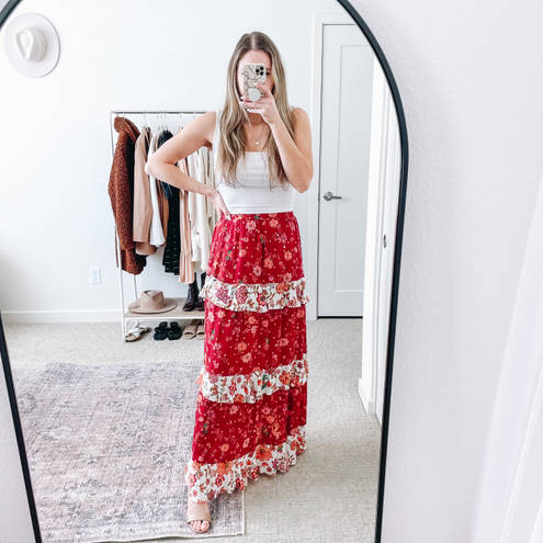 Farm Rio  Antrhopologie Red Ruffle Floral Maxi Skirt