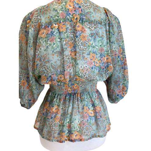 The Row Front Center Peasant Sleeve Blouse Green Size M Floral Vintage Boho Cottage