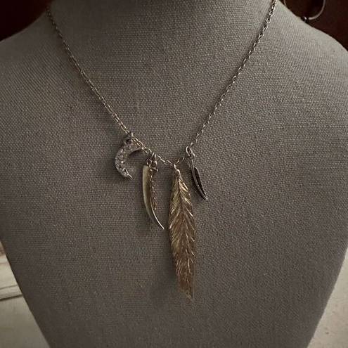 American Eagle Vintage  Long chain with silver feather, crystal moon, and horn