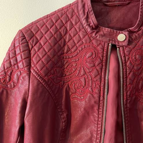 Pleather Red Embroidered Jacket