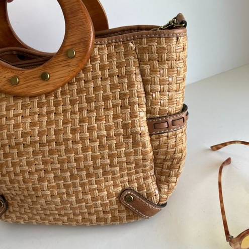 Fossil  Tan Woven Leather Wooden Top Handle Crossbody Medium Tote Bag