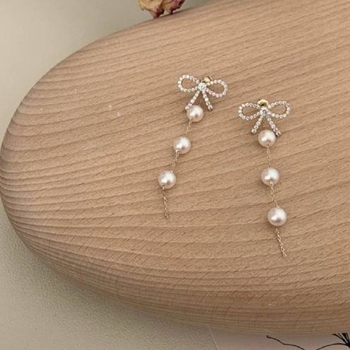 Elegant Bow White Pearl Dangle Drop Earrings for Women Gold