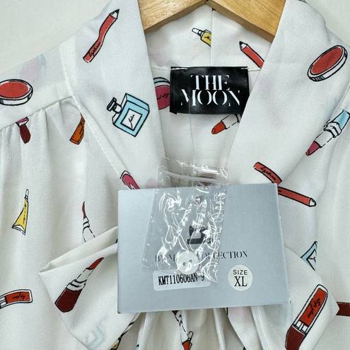 The Moon NEW  Collection Makeup Print Tie Neck Blouse Top White Lightweight XL