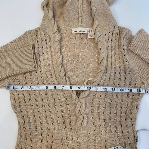 DKNY  Beige Cable Knit V-Neck Hooded Sweatshirt EUC Sz Sm Cotton Pullover