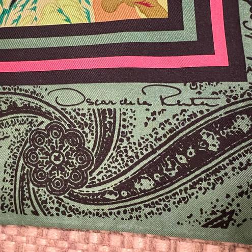 Oscar de la Renta  Vintage Square Silk Scarf Pink Floral Green Retro Designer