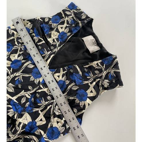 Jason Wu  Shirt Women 6 Black Blue Cream Floral V-Neck Asymmetrical Ruffle Silk
