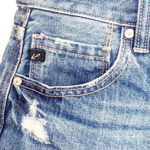 Bermuda KanCan Dark Wash Distressed  High Waist Button Fly Raw Hem Jean Shorts