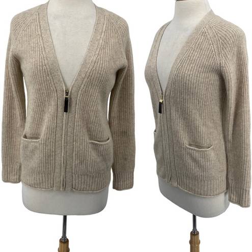 Michael Kors Michael  Cashmere Cardigan Zip Front V Neck Pockets Beige Womens XS