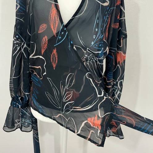 Stylestalker Floral Print Sheer Chiffon Bell Sleeve Wrap Blouse Navy Size Small