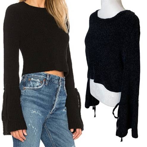 Lovers + Friends  Sweater Cropped Chenille Tie Bell Sleeve Scoop Neck Black Small