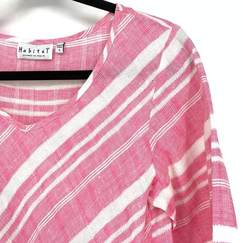 Habitat  Blouse Women's Size Small Linen Asymmetrical Hem Pink White Striped Top