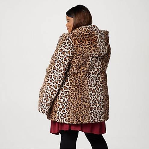 Dennis Basso Brown Leopard Zip Front Faux Fur Coat with Hood and Waist Detail