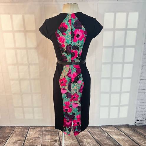 Tracy Reese  black sheath dress with silk pink floral center panel size 4