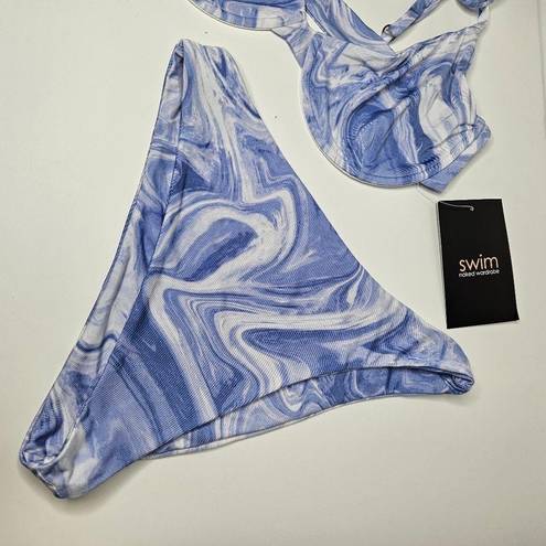 Naked Wardrobe  Swim Marbled Smoked Blue 2 pc Wired Bra High Wasted Bottom sz L​