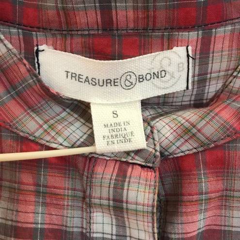 Treasure & Bond Long Sleeve Red White Plaid Check Lightweight Tunic Top S