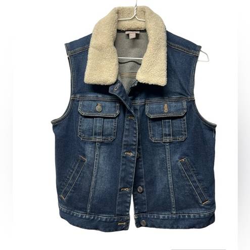 J.Jill  Women's Faux Fur Collar Trucker Vest Dark Wash Stretch Small