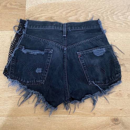 Furst of a Kind  - High Waist Shorts in Black Denim and Black Mesh Panel