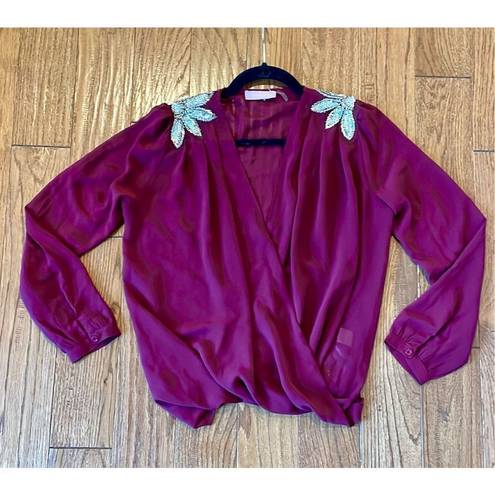 Harper  burgundy faux wrap metallic appliqué blouse size small