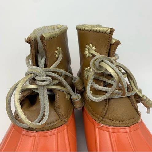 Jack Rogers Chloe Coral Orange Brown Whipstitch Gold Detail Duck Boots 7 Winter