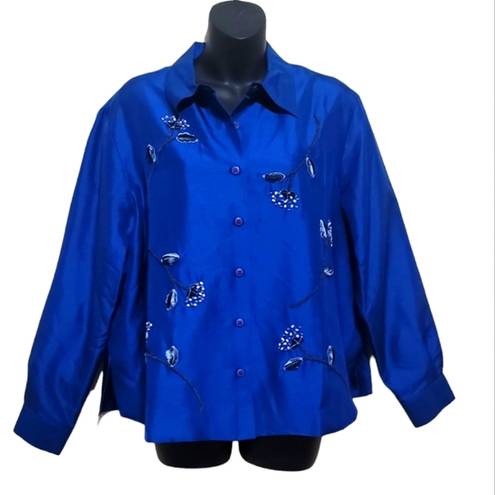 Coldwater Creek  Women's Blue Embroidered LongSleeve 100% Silk Blouse Sz PLarge