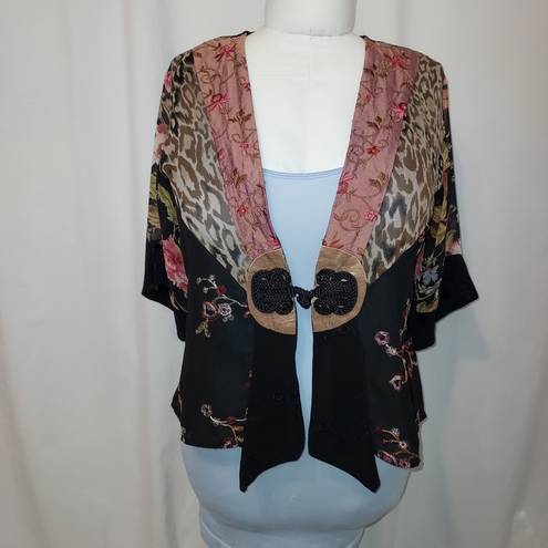 Alexis VINTAGE! SPENCER  PETITE FLORAL CHEETAH OPEN FRONT SILK SHIRT BLOUSE TOP