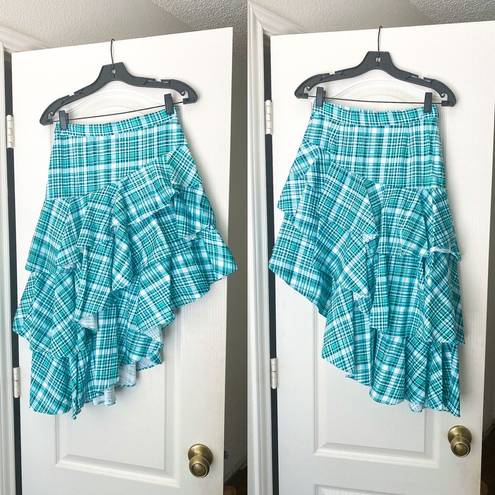 AMUR Skirt Pippie Asymmetrical Ruffle Plaid Green 2 GUC