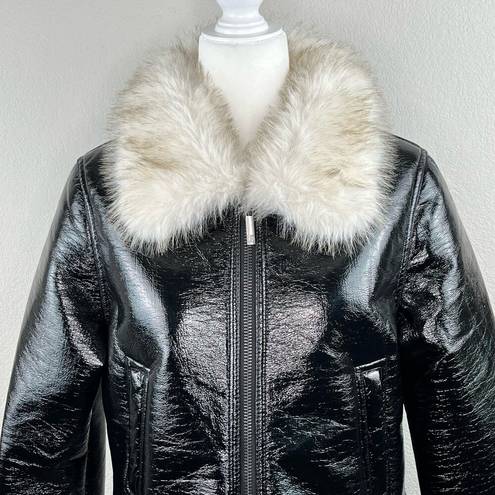 Unreal Fur Wet Look Aviator Biker Jacket Faux Leather & Fur Black Size Large NWT