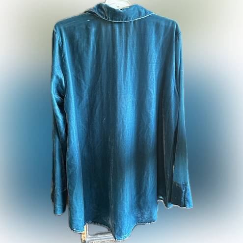 Habitat  Blue Teal Velvet Long Sleeve Hi-Lo Button-up Shirt Blouse Medium