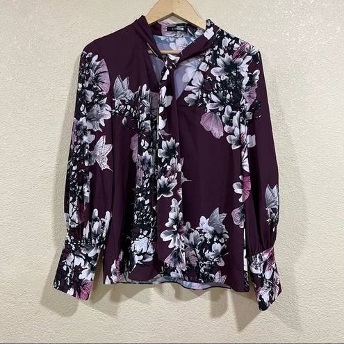 Natori  Purple Floral Neck Tie Button Down Blouse