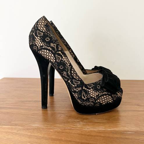 Fendi floral black lace platform peep toes heels 36 / 6