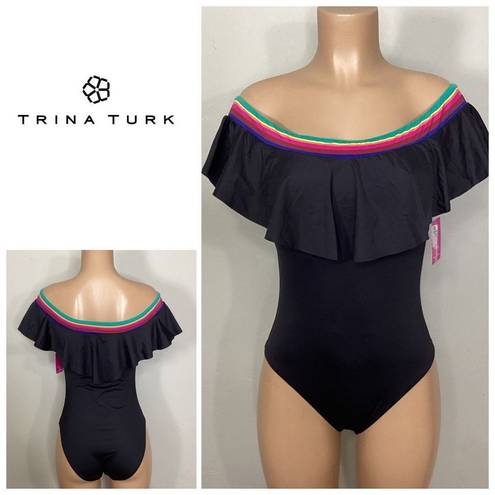 Trina Turk New.  black ruffle neck swimsuit. Size 10. Retails. $159