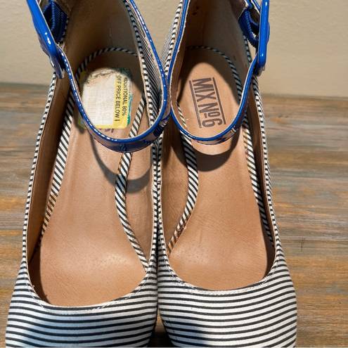 mix no. 6  Striped Wedge Heels Blue White Party Ankle Straps Womens 7