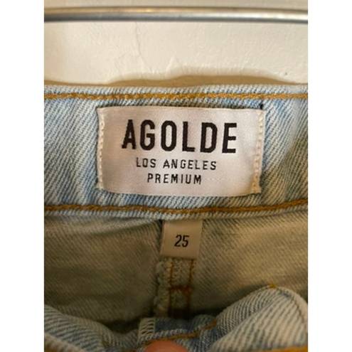 AGOLDE Light Wash Quinn High Rise Denim Mini Skirt Button Fly 100% Cotton Sz 25