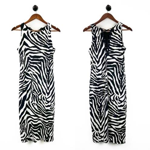 White House | Black Market WHBM Zebra Print Jersey Knit Midi Dress w/ Lace Up Small