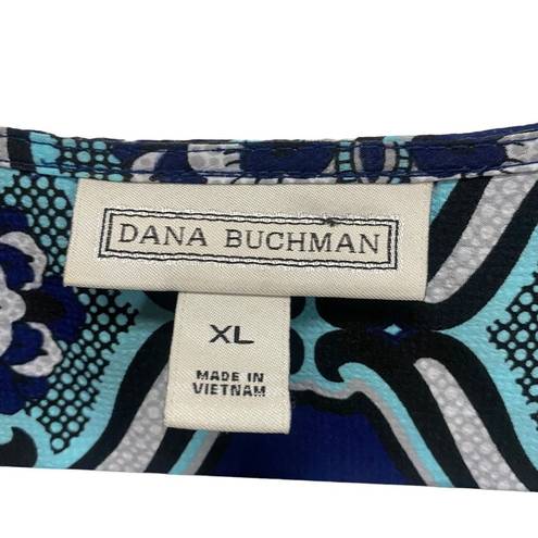 Dana Buchman  Women's XL Blue Black Floral Print Button Down Top Blouse