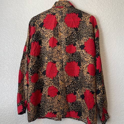 Oscar de la Renta  silk button down with abstract cheetah & floral print