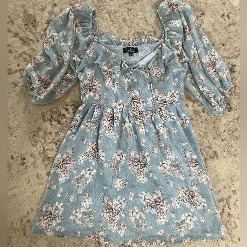 Lulus Love Potion Blue Floral Smocked Three-Quarter Sleeve Mini Dress Large