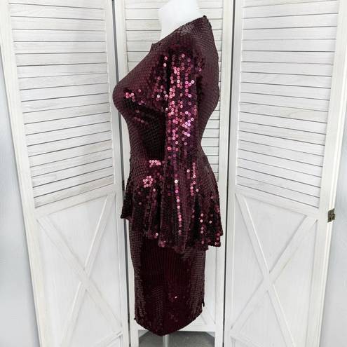 Oleg Cassini Vintage  Sequin Peplum Sheath Party Dress Maroon Red 10 Long Sleeve