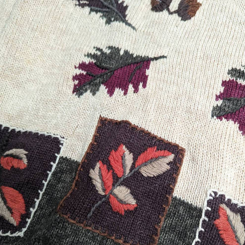 Dress Barn Vtg 1990s  Beige Autumn Leaf Embroidered Knit Crew Neck Sweater S