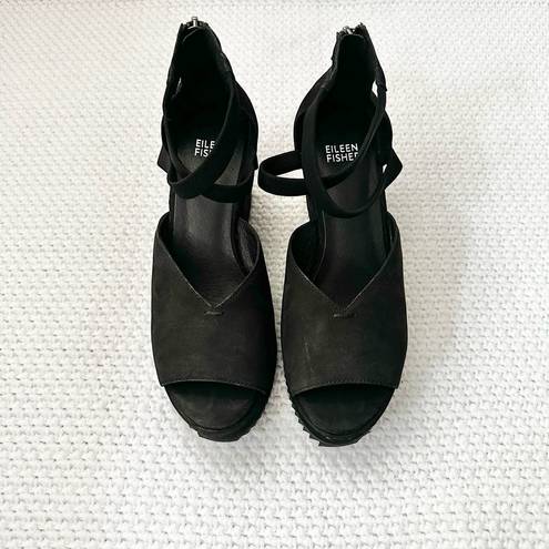 Eileen Fisher  Wylee Black Suede Peep Toe Platform Wedge Heel Sandals 7