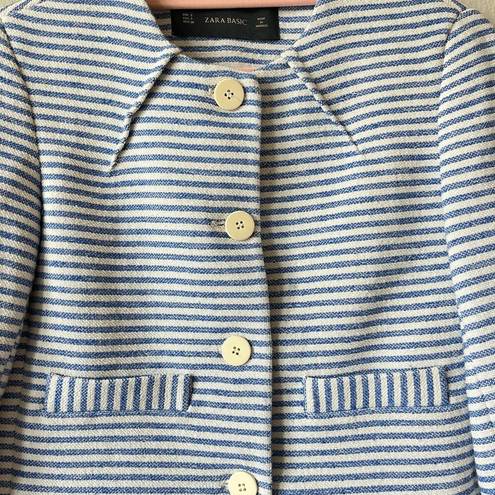 ZARA  Basic Blue Tweed Cotton Striped Cropped Blazer Jacket Size S