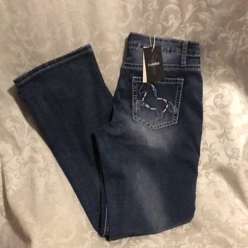 Flamingo  Mid Waist Bootcut Jeans Horse Embroidered Pockets. New with Tags