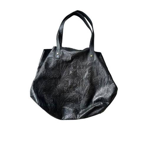 Krass&co American Leather . Black Floral Tooled Leather Zip Tote Bag Shoulder Bag Black