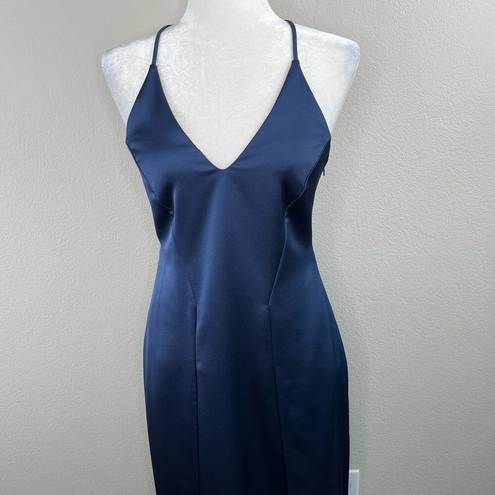 Halston Heritage  Navy Blue Satin Illusion-Back Slit Slip Gown Size 6 New