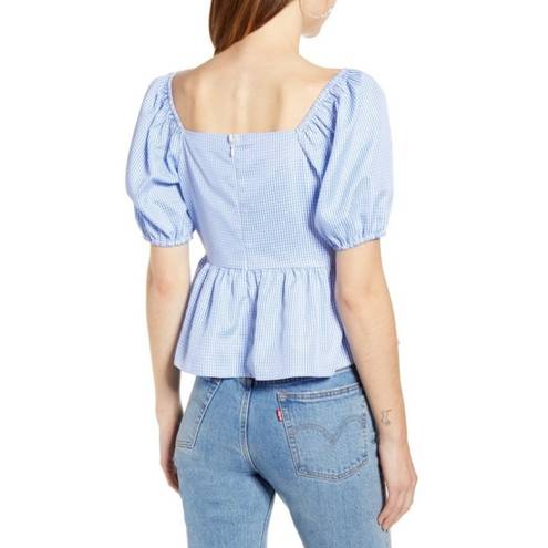 English Factory Nordstrom,  New Blue Gingham Peplum Puff Sleeve Top Size Small