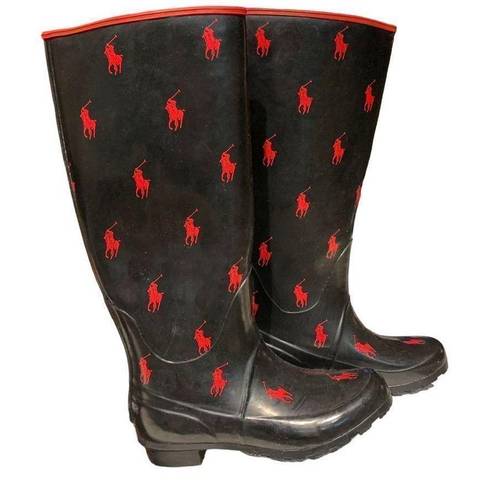 Polo Ralph Lauren Knee-High Rubber Wellies Rainboots Black Red Women, Size 6.5