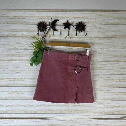 Mango  MNG Pink Genuine Pigskin Leather Suede Buckled Mini Skirt