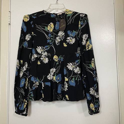 Daisy NEW! By TIMO BLACK FLORAL  RUFFLE HEM SPRING BLOUSE TOP SIZE Small